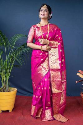 Pink silk blend banarasi jaquard designer saree with blouse 1