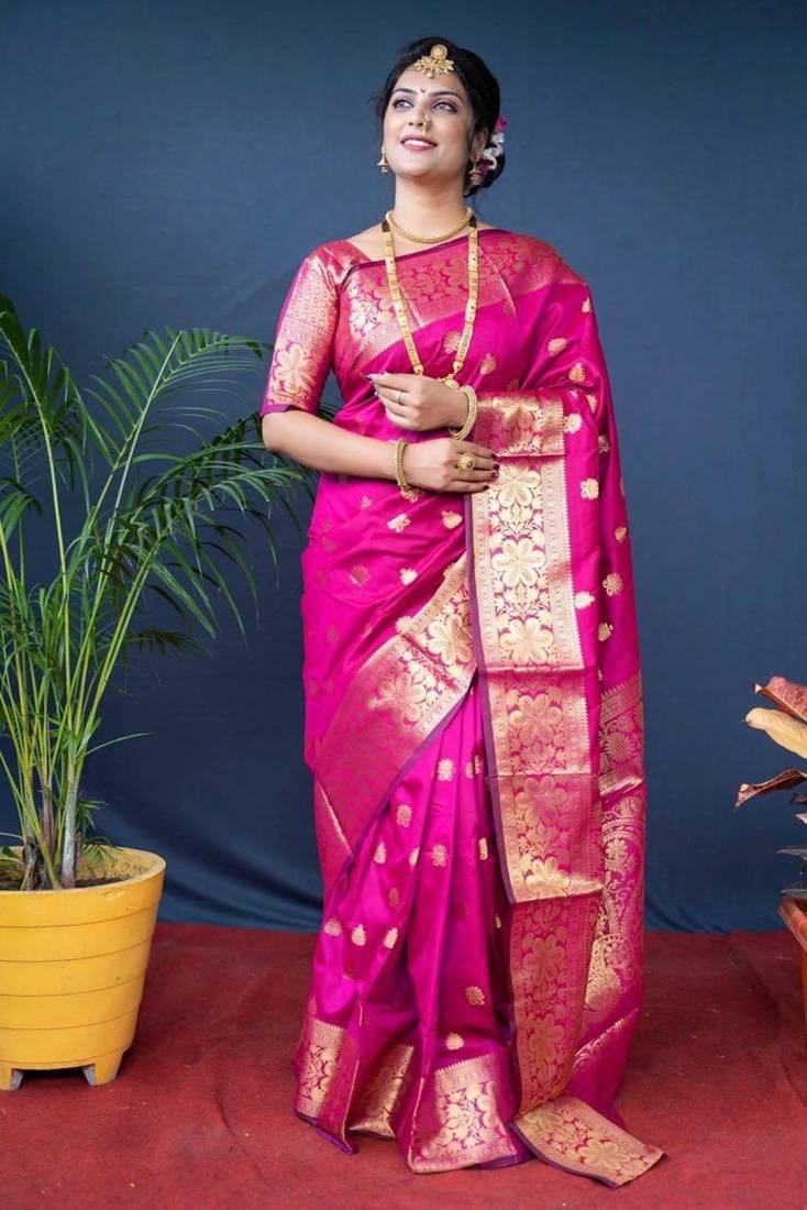 Pink soft silk blend banarasi jacuard work designer saree with blouse