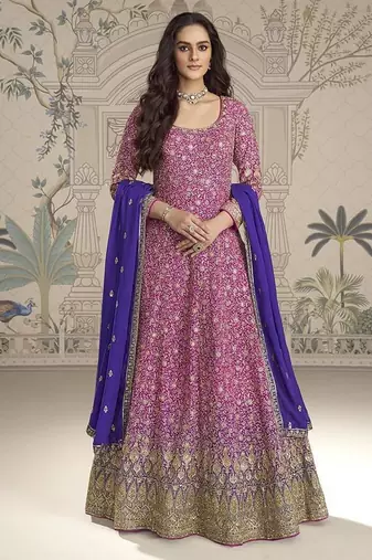 Rani pink embroidered georgette anarkali suit semi stitched up to 42" size