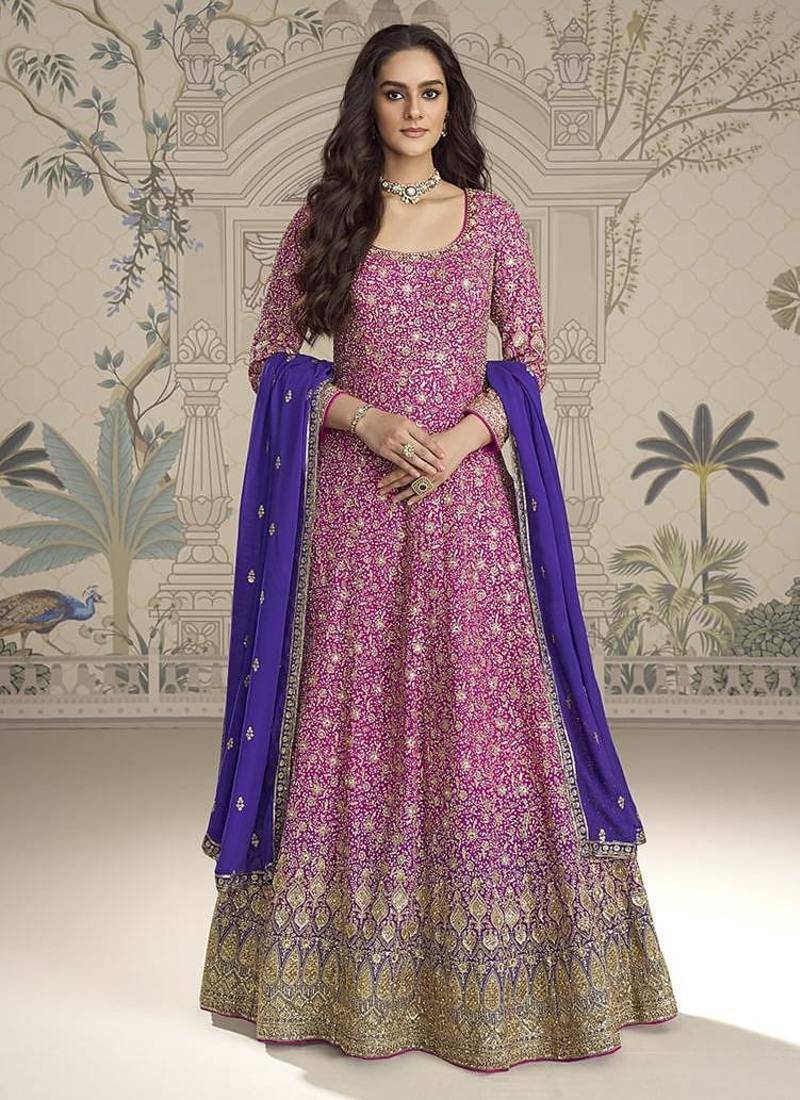 Rani pink embroidered georgette anarkali suit semi stitched up to 42" size