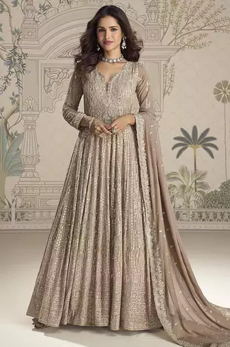 Beige embroidered georgette anarkali suit semi stitched up to 42" size
