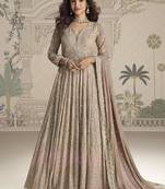 Beige embroidered georgette anarkali suit semi stitched up to 42" size