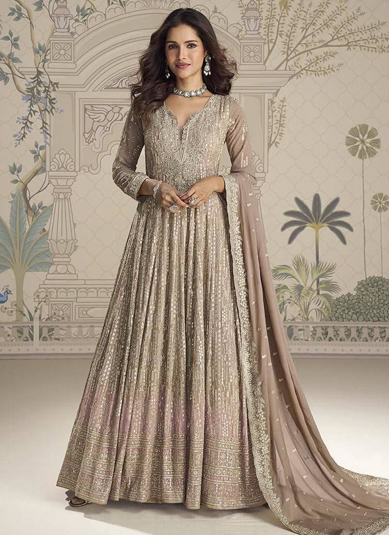Beige embroidered georgette anarkali suit semi stitched up to 42" size
