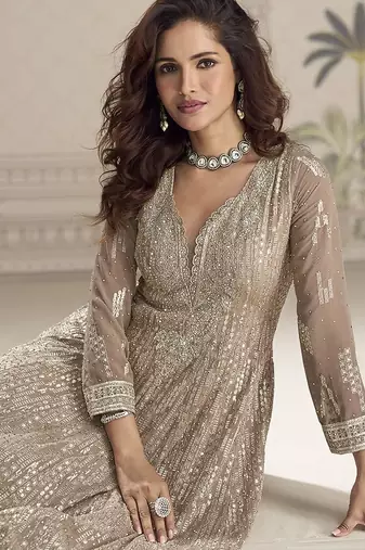 Beige embroidered georgette anarkali suit semi stitched up to 42" size
