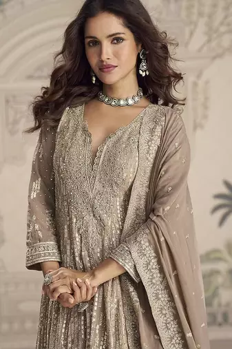 Beige embroidered georgette anarkali suit semi stitched up to 42" size
