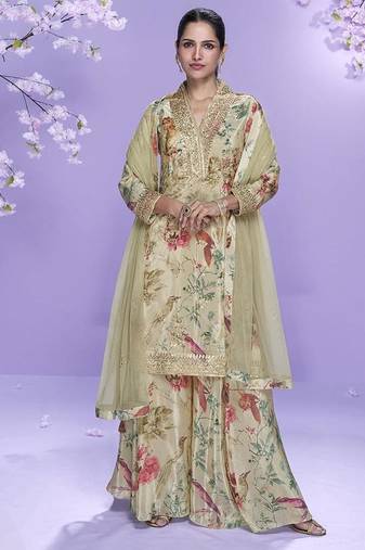 Cream printed chinon silk suit semi stitched up to 42" size