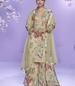 Cream printed chinon silk suit semi stitched up to 42" size