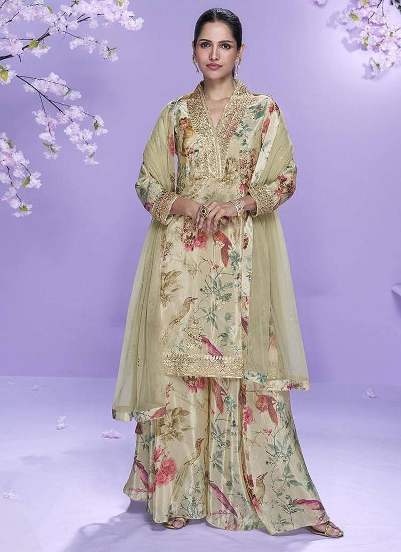 Cream printed chinon silk suit semi stitched up to 42" size