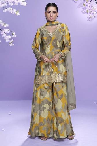 Multicolor printed chinon silk suit semi stitched up to 42" size