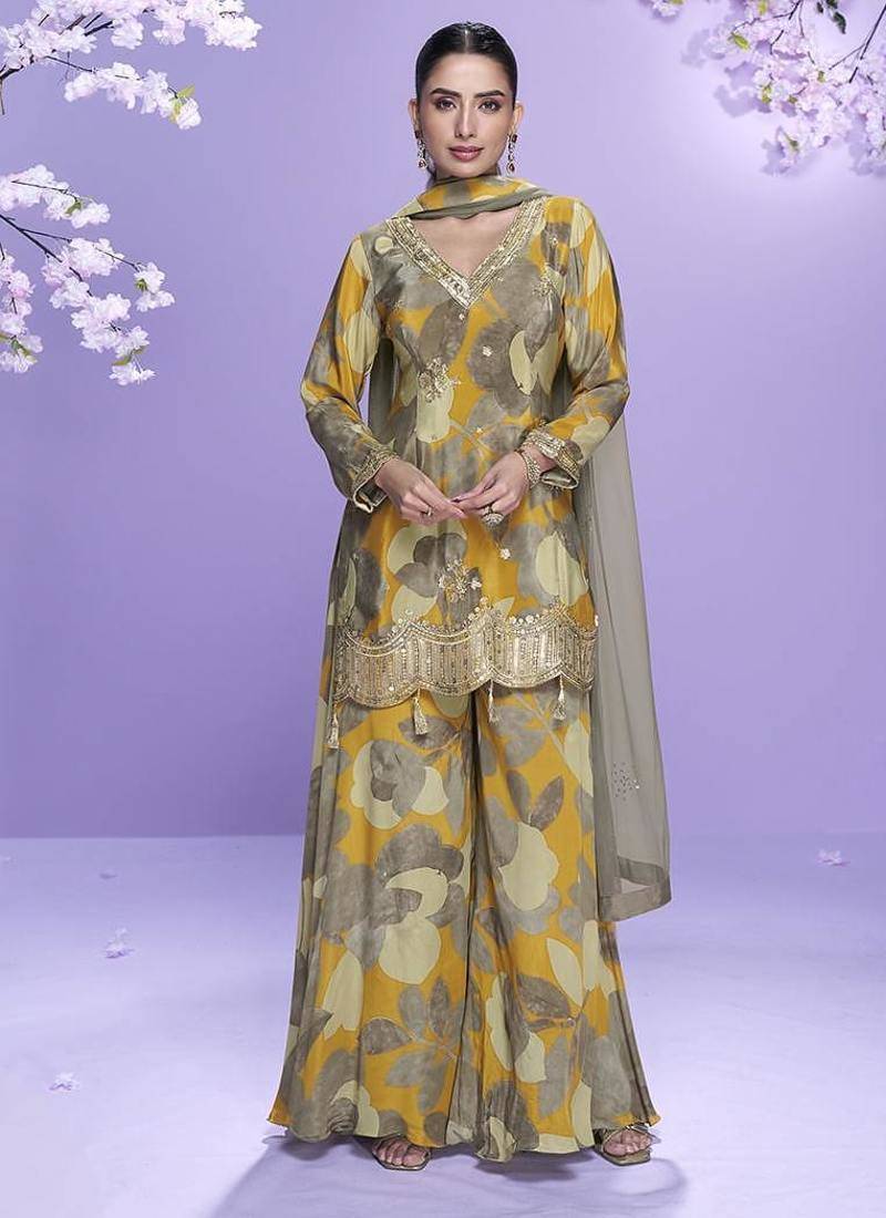 Multicolor printed chinon silk suit semi stitched up to 42" size