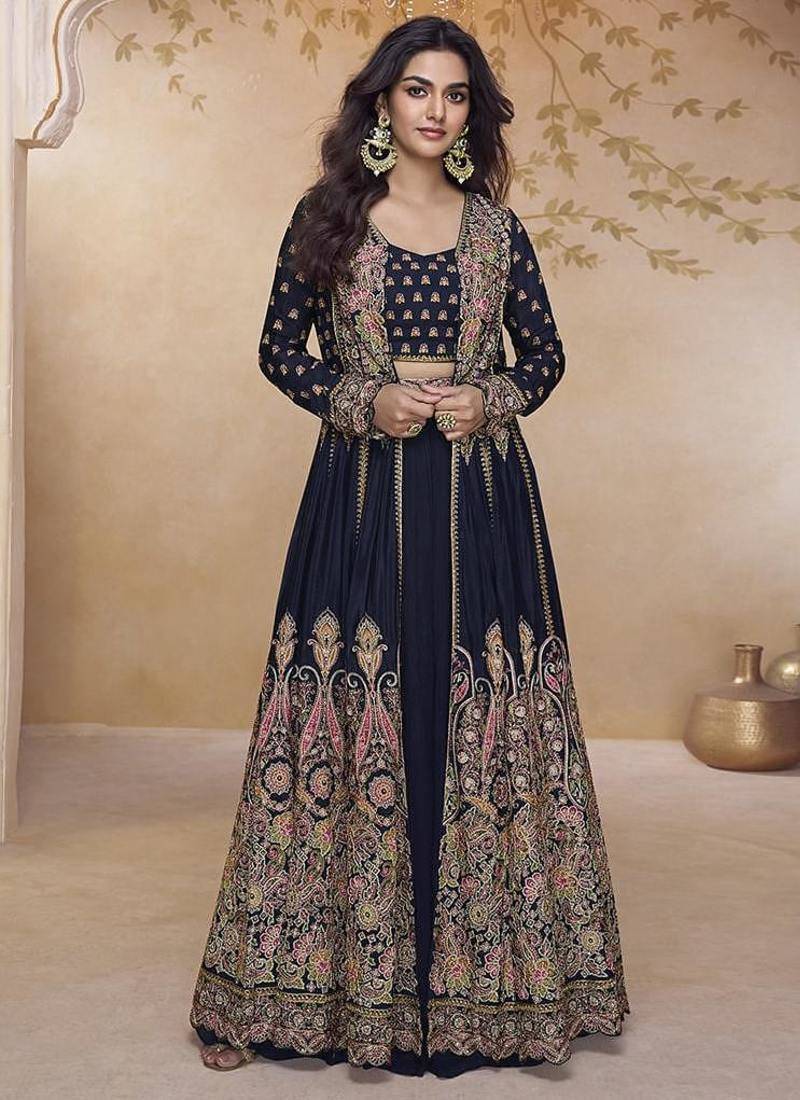 Black georgette embroidered suit semi stitched up to 42" size