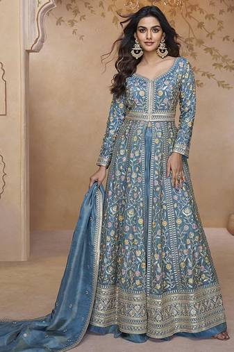Light blue simar silk embroidered suit semi stitched up to 42" size
