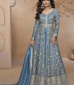 Light blue simar silk embroidered suit semi stitched up to 42" size