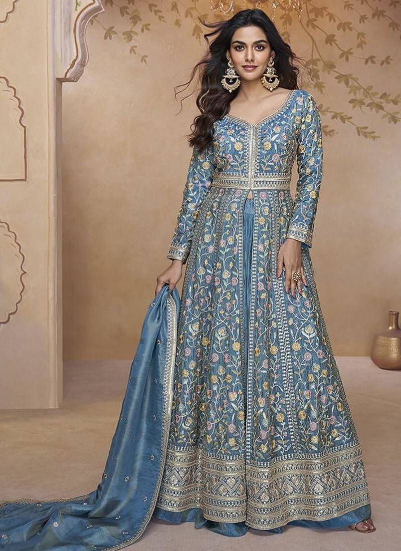 Light blue simar silk embroidered suit semi stitched up to 42" size