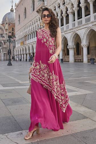 Hot pink crepe one shoulder kaftan top with palazzo  semi stitched up to 42" size