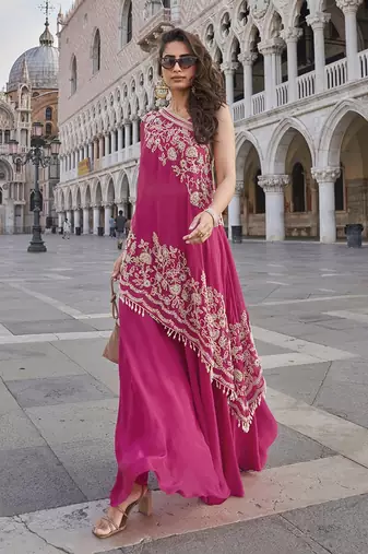 Hot pink crepe one shoulder kaftan top with palazzo  semi stitched up to 42" size