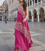 Hot pink crepe one shoulder kaftan top with palazzo  semi stitched up to 42" size