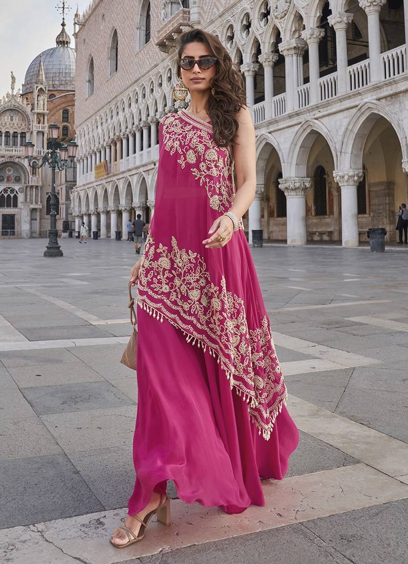 Hot pink crepe one shoulder kaftan top with palazzo  semi stitched up to 42" size