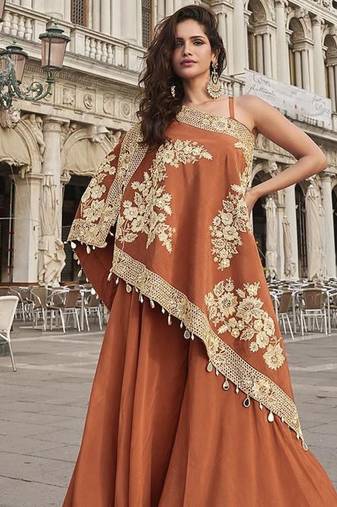 Rust crepe one shoulder kaftan top with palazzo semi stitched up to 42" size