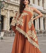 Rust crepe one shoulder kaftan top with palazzo semi stitched up to 42" size