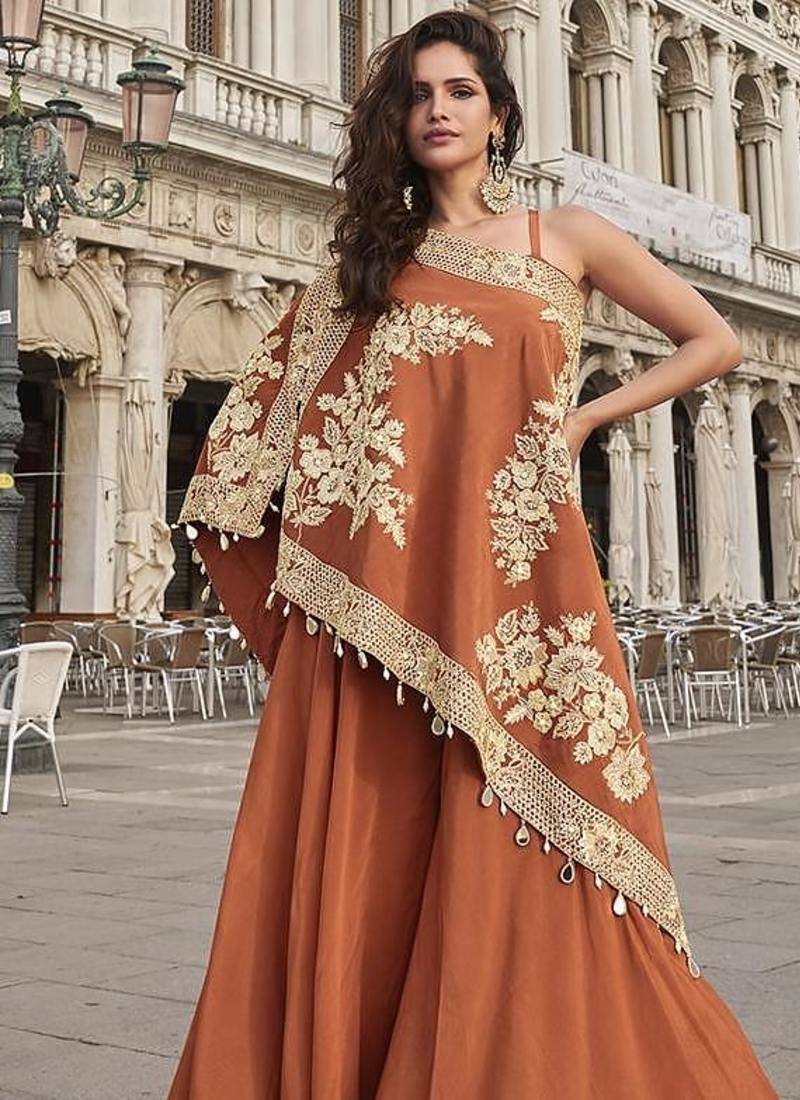 Rust crepe one shoulder kaftan top with palazzo semi stitched up to 42" size