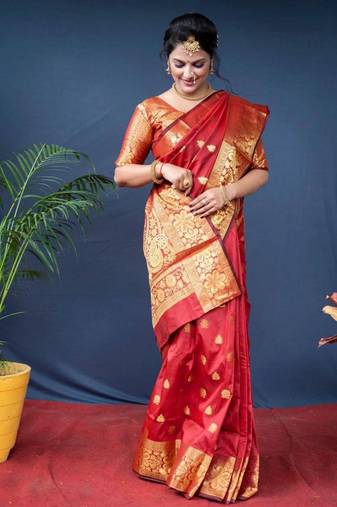 Red soft silk blend banarasi jacuard work designer saree with blouse