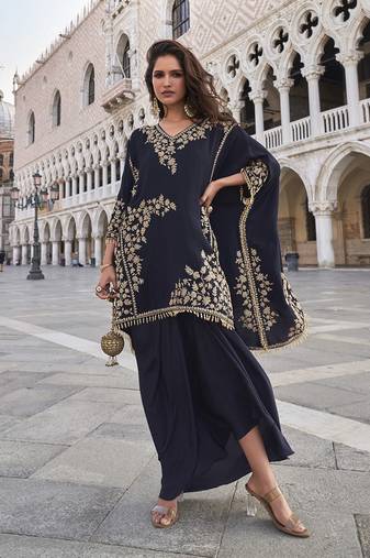 Navy blue crepe asymmetric kaftan and skirt set semi stitched up to 42" size
