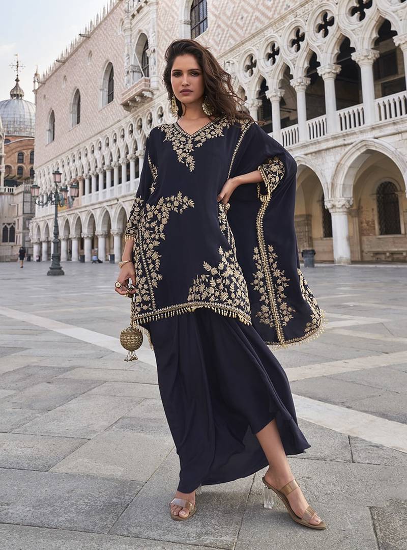 Navy blue crepe asymmetric kaftan and skirt set semi stitched up to 42" size