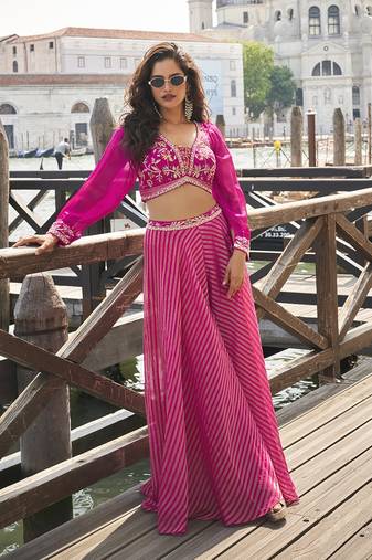 Rani pink viscose jacquard silk embroidered palazzo set semi stitched up to 42" size