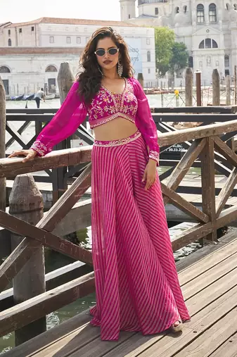 Rani pink viscose jacquard silk embroidered palazzo set semi stitched up to 42" size