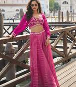 Rani pink viscose jacquard silk embroidered palazzo set semi stitched up to 42" size