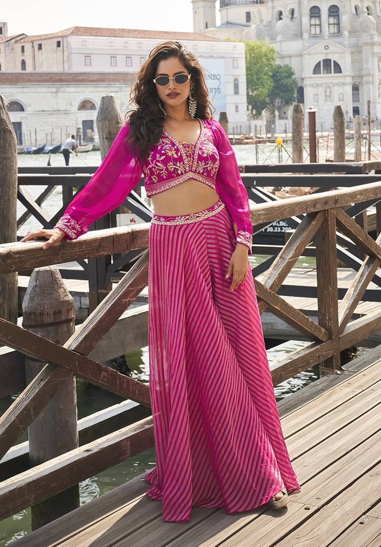 Rani pink viscose jacquard silk embroidered palazzo set semi stitched up to 42" size