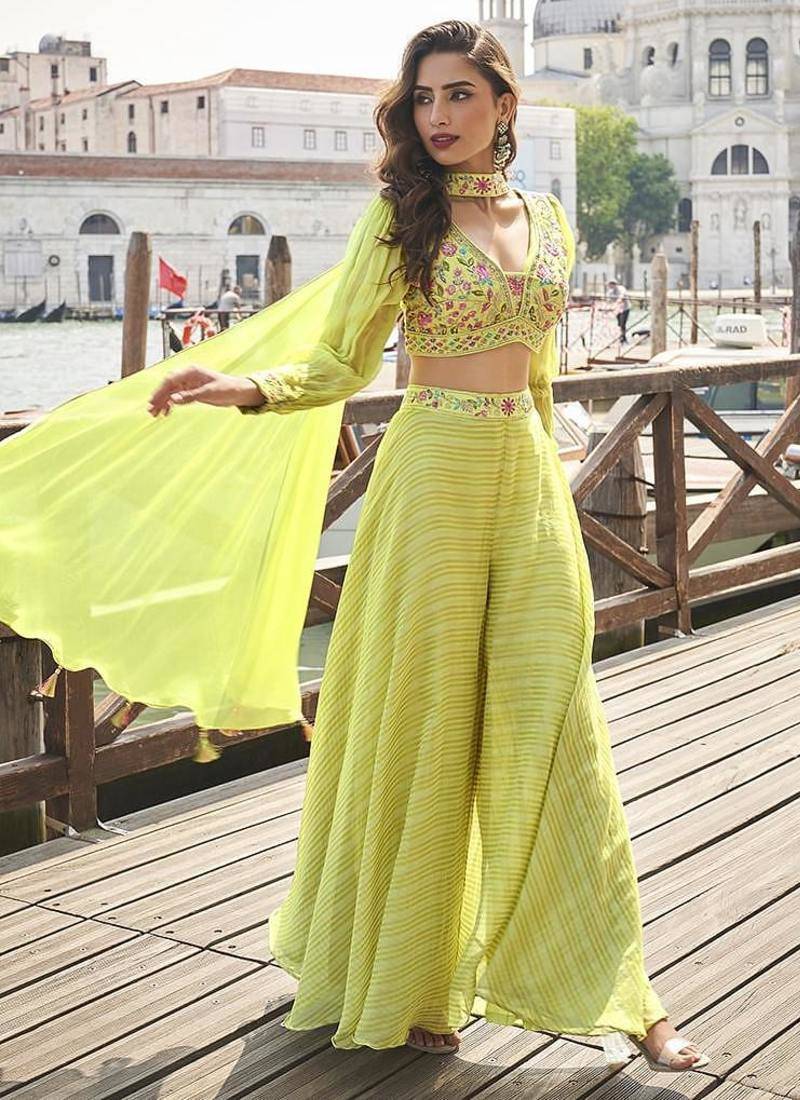 Lime green viscose jacquard silk embroidered palazzo set semi stitched up to 42" size