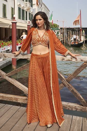 Rust viscose jacquard silk embroidered palazzo set semi stitched up to 42" size