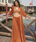 Rust viscose jacquard silk embroidered palazzo set semi stitched up to 42" size