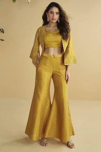 Mustard embroidered silk designer jacket style indowestern semi stitched up to 42" size