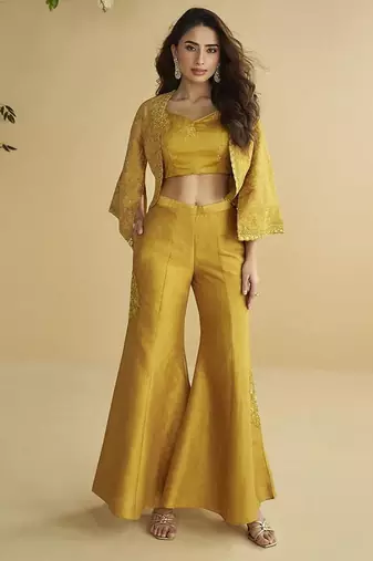Mustard embroidered silk designer jacket style indowestern semi stitched up to 42" size