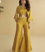 Mustard embroidered silk designer jacket style indowestern semi stitched up to 42" size