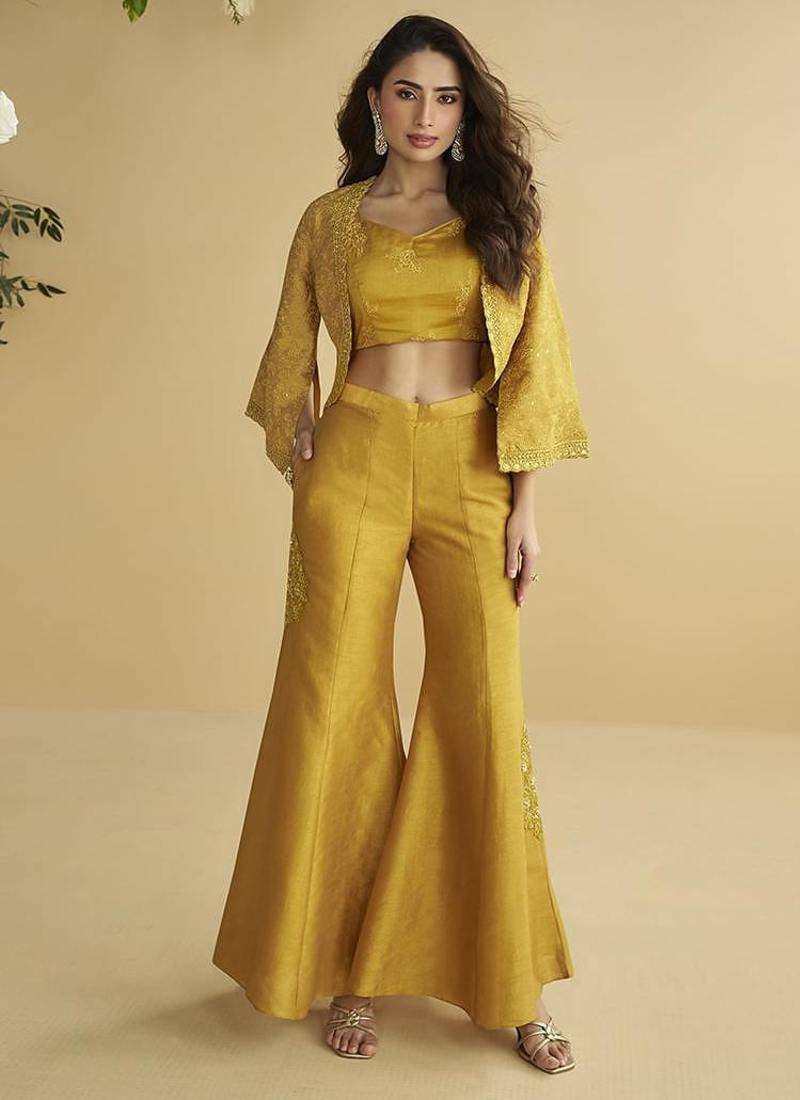 Mustard embroidered silk designer jacket style indowestern semi stitched up to 42" size