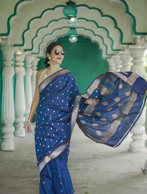 Blue linen slub jaquard designer saree with blouse 1