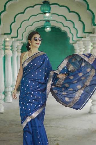 Blue soft linen slub jacuard work designer saree with blouse