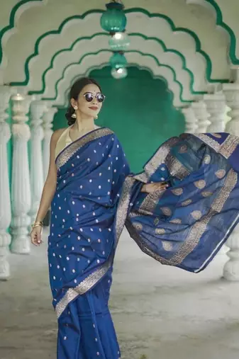 Blue soft linen slub jacuard work designer saree with blouse