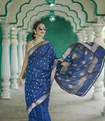 Blue soft linen slub jacuard work designer saree with blouse