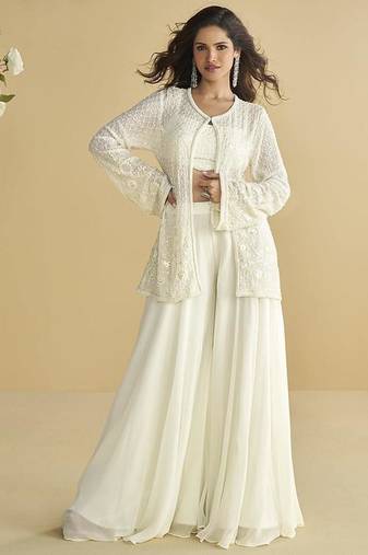 White embroidered silk designer jacket style indowestern semi stitched up to 42" size