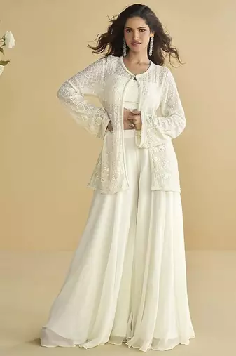 White embroidered silk designer jacket style indowestern semi stitched up to 42" size