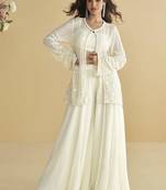 White embroidered silk designer jacket style indowestern semi stitched up to 42" size