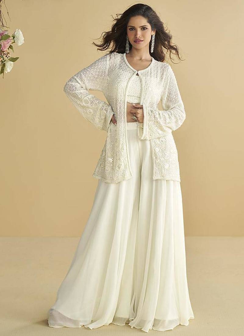 White embroidered silk designer jacket style indowestern semi stitched up to 42" size