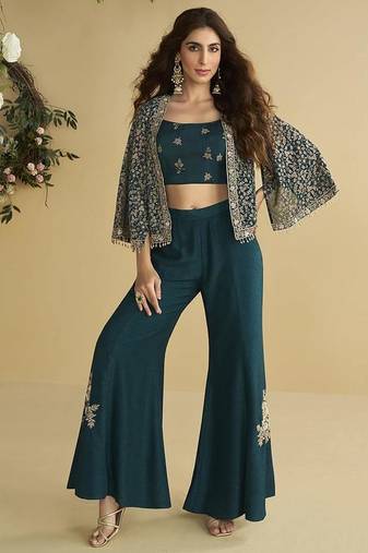Teal embroidered silk designer jacket style indowestern semi stitched up to 42" size