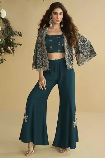 Teal embroidered silk designer jacket style indowestern semi stitched up to 42" size