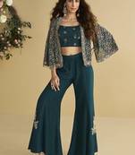 Teal embroidered silk designer jacket style indowestern semi stitched up to 42" size